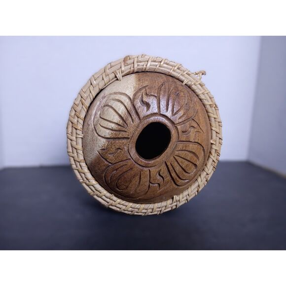 Vintage Indonesian Natural Carved Wood and Rattan Basket Tissue Dispenser - Picture 5 of 8